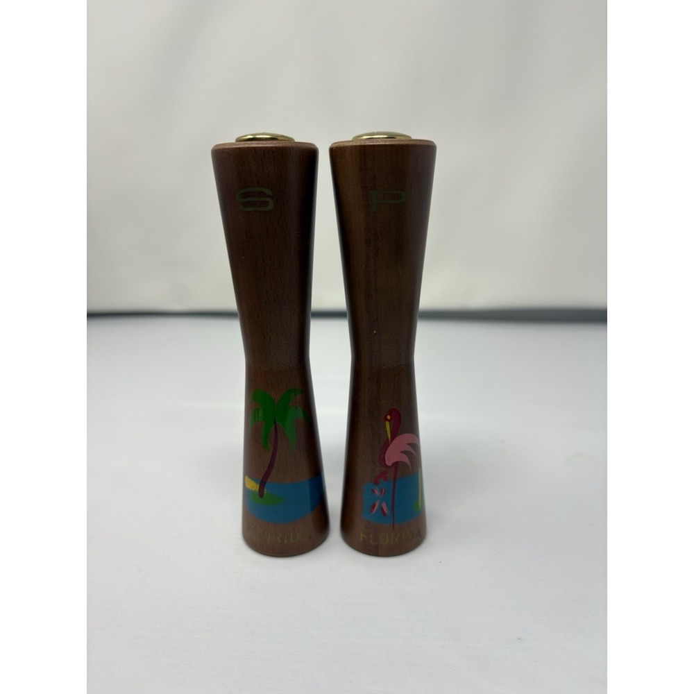 Vintage MCM wooden salt and pepper shakers Florida Danish modern flamingo palm